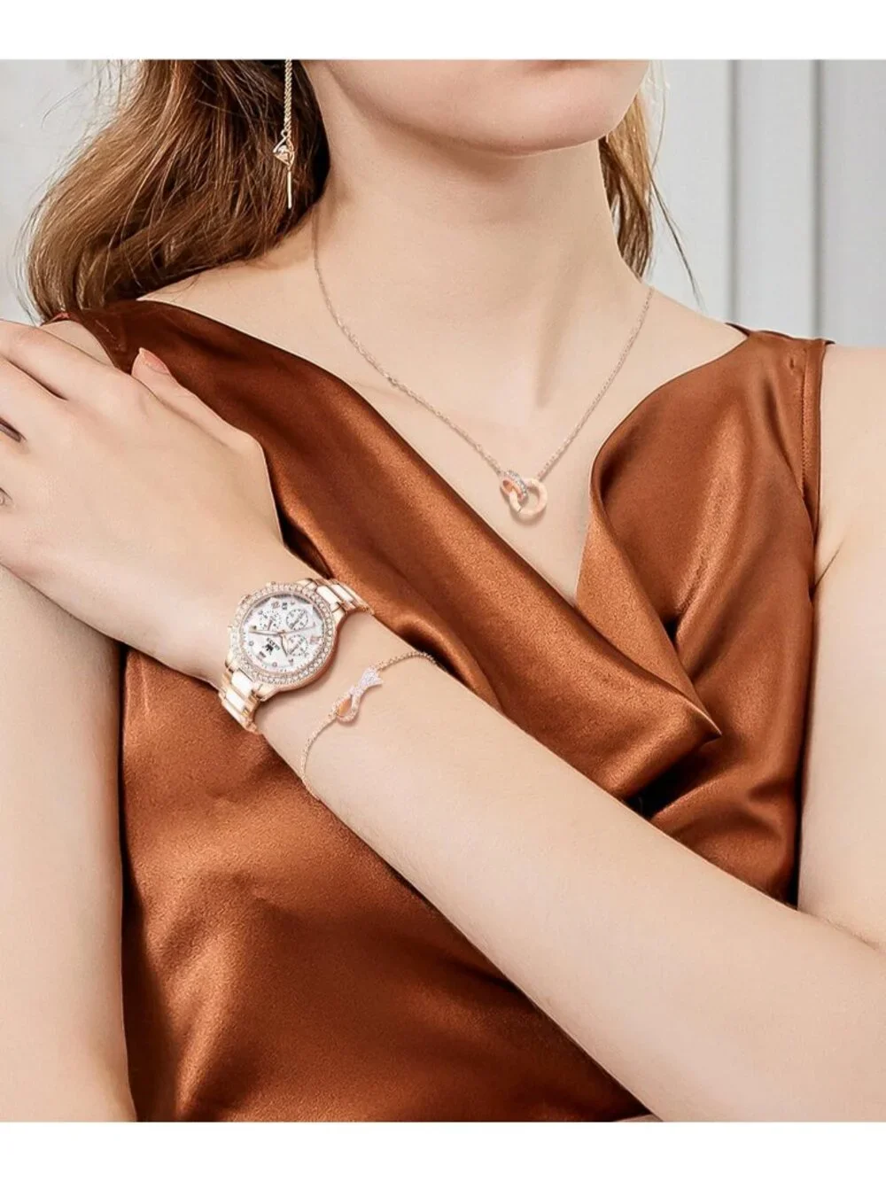 Women's White Set Shinning Elegant Luxury Necklaces & Bracelets Wrist Watches